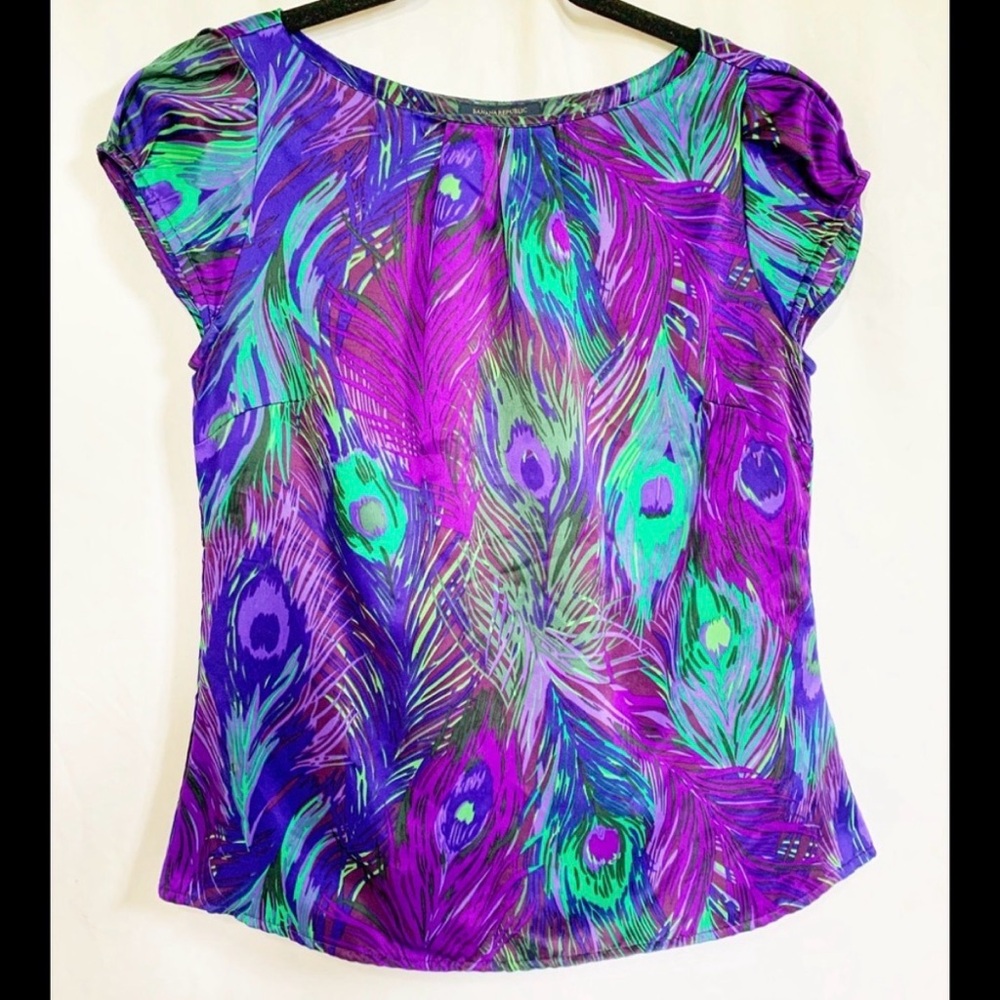 Banana Republic Teal & Purple Peacock-Print Cap Sleeve Top